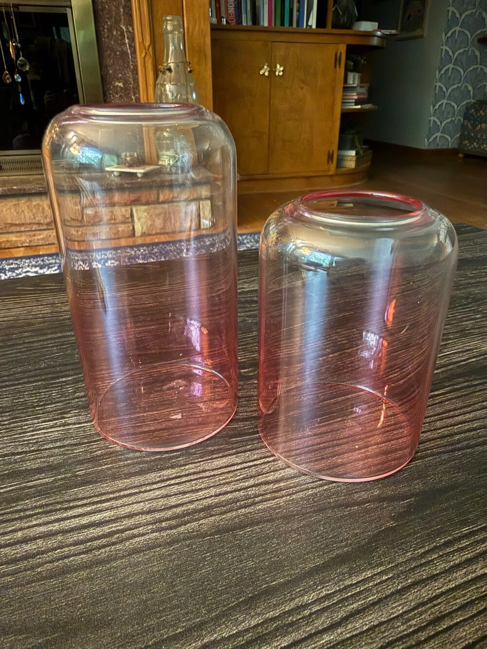 Vintage Mid Century Modern Pink Ombre Glass Hurricane Candle Holders Set of 2